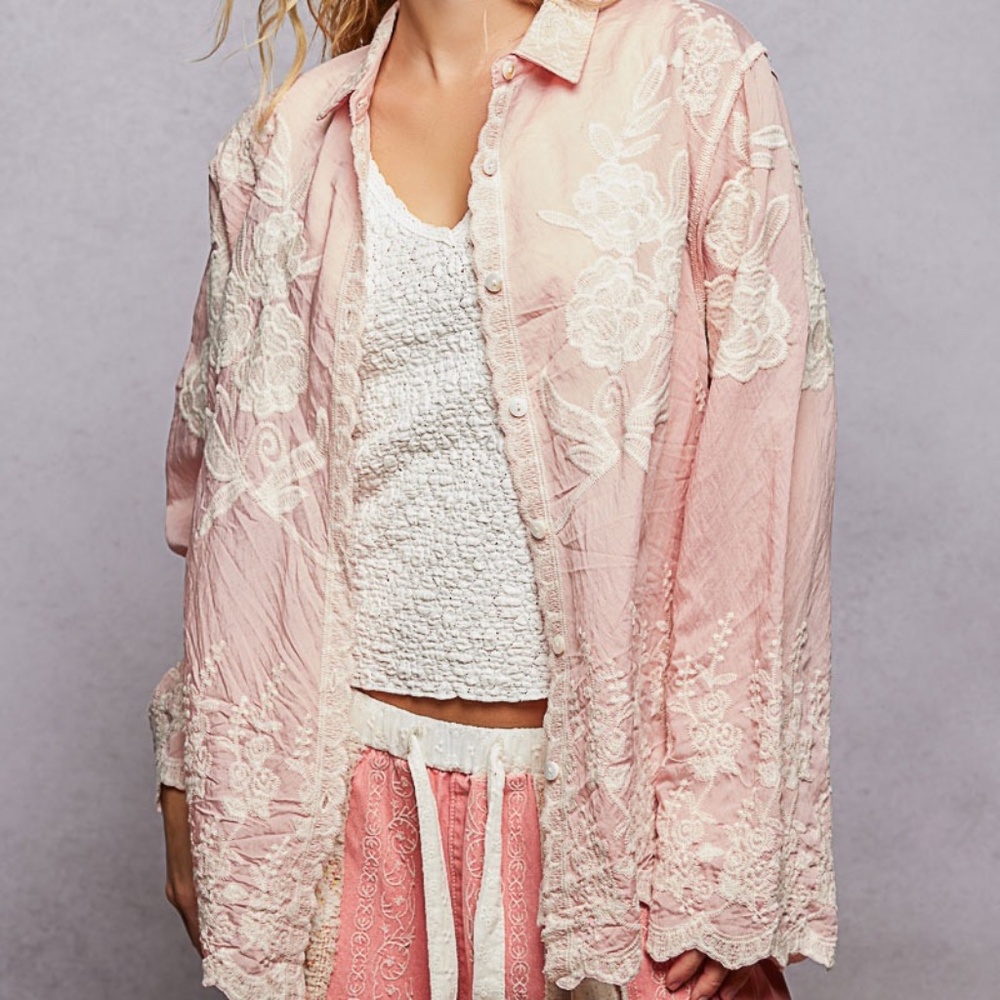 POL Embroidered Floral Button Up Shirt Long Sleeve Top One Size Fits All Pink - Picture 4 of 8
